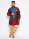 Vastramay Men's Plus Size Blue Zari Weaved Nehru Jacket With Curved Kurta Dhoti set